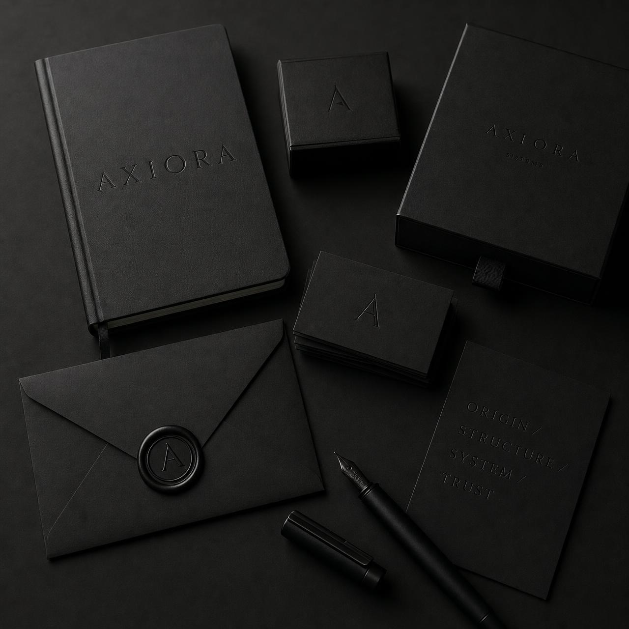 Axiora branding stationery — notebooks, envelope, monogram cards, and pen
