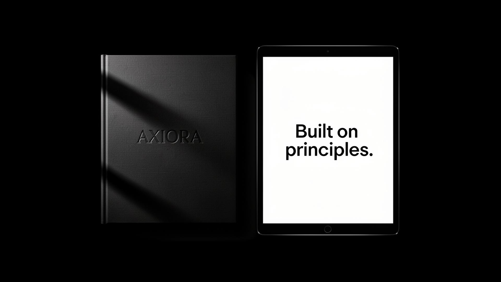 Brand guidelines and tablet showing the principle 'Built on principles.'